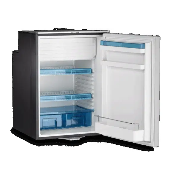 Caravan fridge featuring adjustable shelves and drawers for organized storage