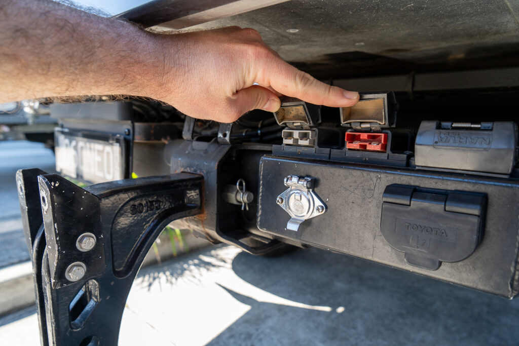 Red and Grey Anderson Plugs in Waterproof Casing on Towbar