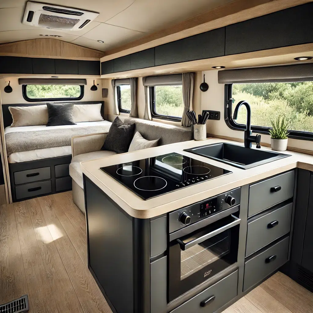 A modern caravan kitchen featuring a sleek induction cooktop